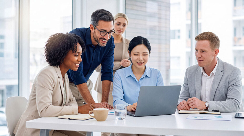 team of entrepreneurs having a business meeting looking at laptop